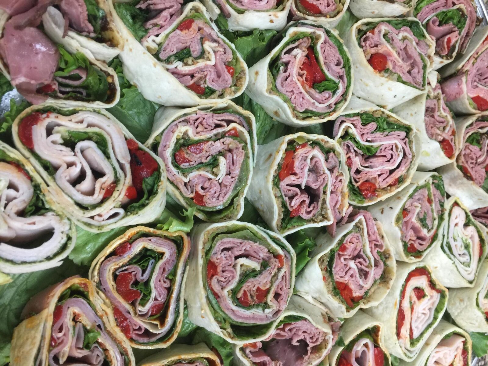 Pinwheel wraps, sliced and trayed